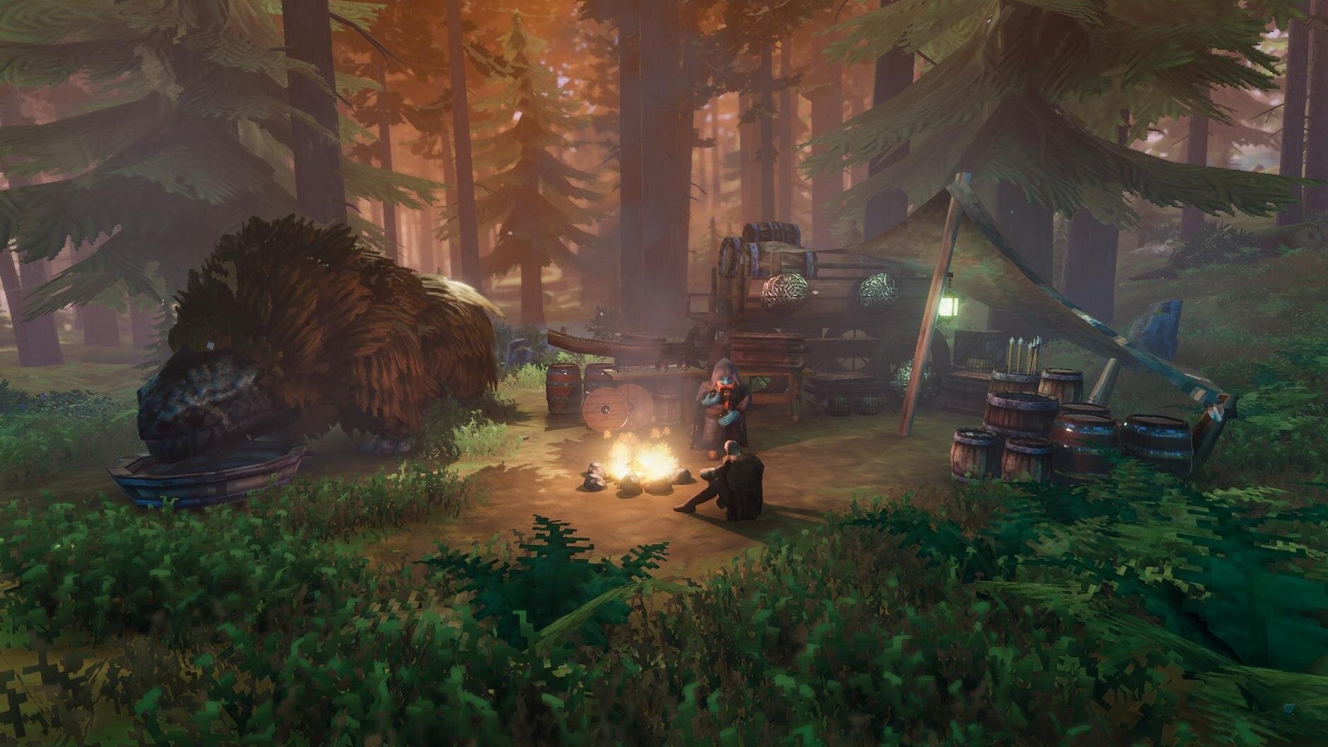A Valheim screenshot of a player sitting by a firepit next to a Merchant and their cart.